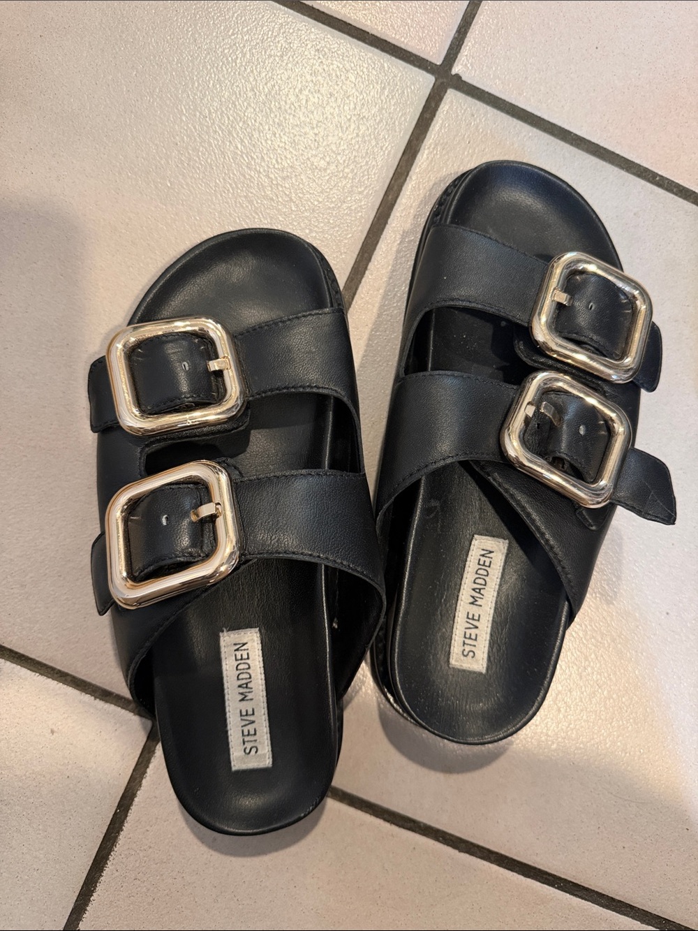 Steve Madden Black Slide Sandals with Oversized Gold Buckles